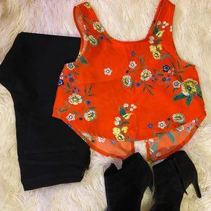Red Floral Crop Top with open back